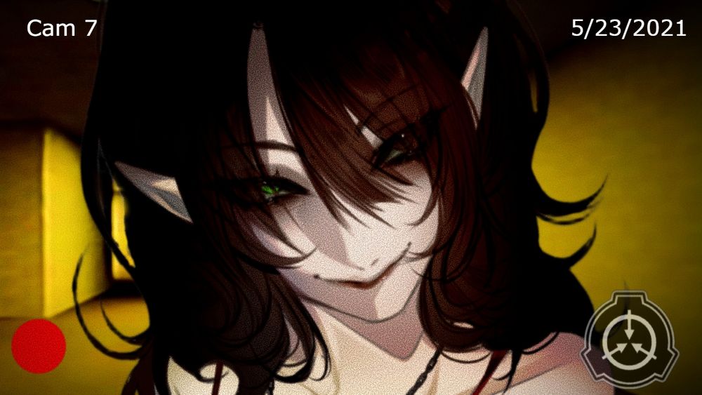 An image of May looking scary and horrifying. With a cold, seductive stare of her green eyes while her brown her falls down over her. The backrooms behind her. The SCP logo and recording overlay showing this to be found footage. 
