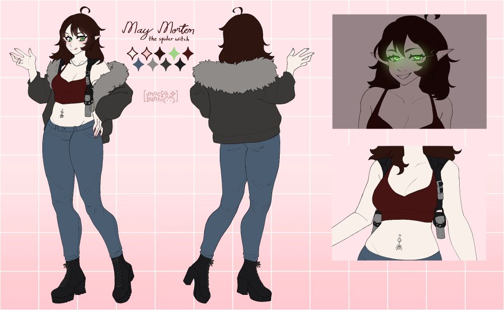An art reference of May Mortem. An interdimensional traveling spider witch elf. With long brown hair, green eyes, and pale skin. She wears a grey furline jacket, red top, and blue jeans and black boots. 