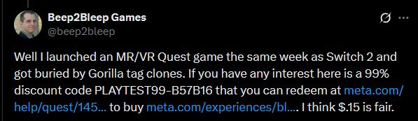 Developer explains that their game launched, but was overshadowed by  the never ending tide of Gorilla Tag clones on the Meta storefront
