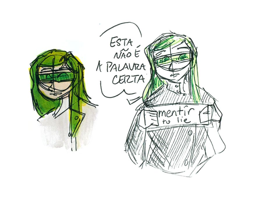 Sketches for the character Iris, designed to represent -IR verbs in the Portuguese language. In one sketch, she holds a sign written "mentir: to lie" while saying "Esta não é a palavra certa."