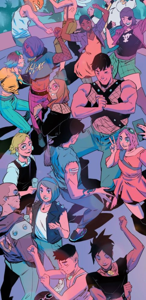 A party scene in Avengers Academy #59, featuring the heroes as well as many of the creatives who make the comic.