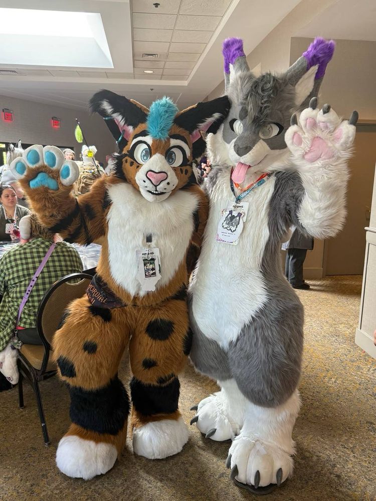 Two lynx fursuiters showing off their paw beans. The lynx on the left is brown body, white belly, blue hair, and black ears. Their beans are blue and they have black spots across their body. The lynx on the right has a grey body, white belly, purple tipped ears, pink beans, and white fluffy cheeks.