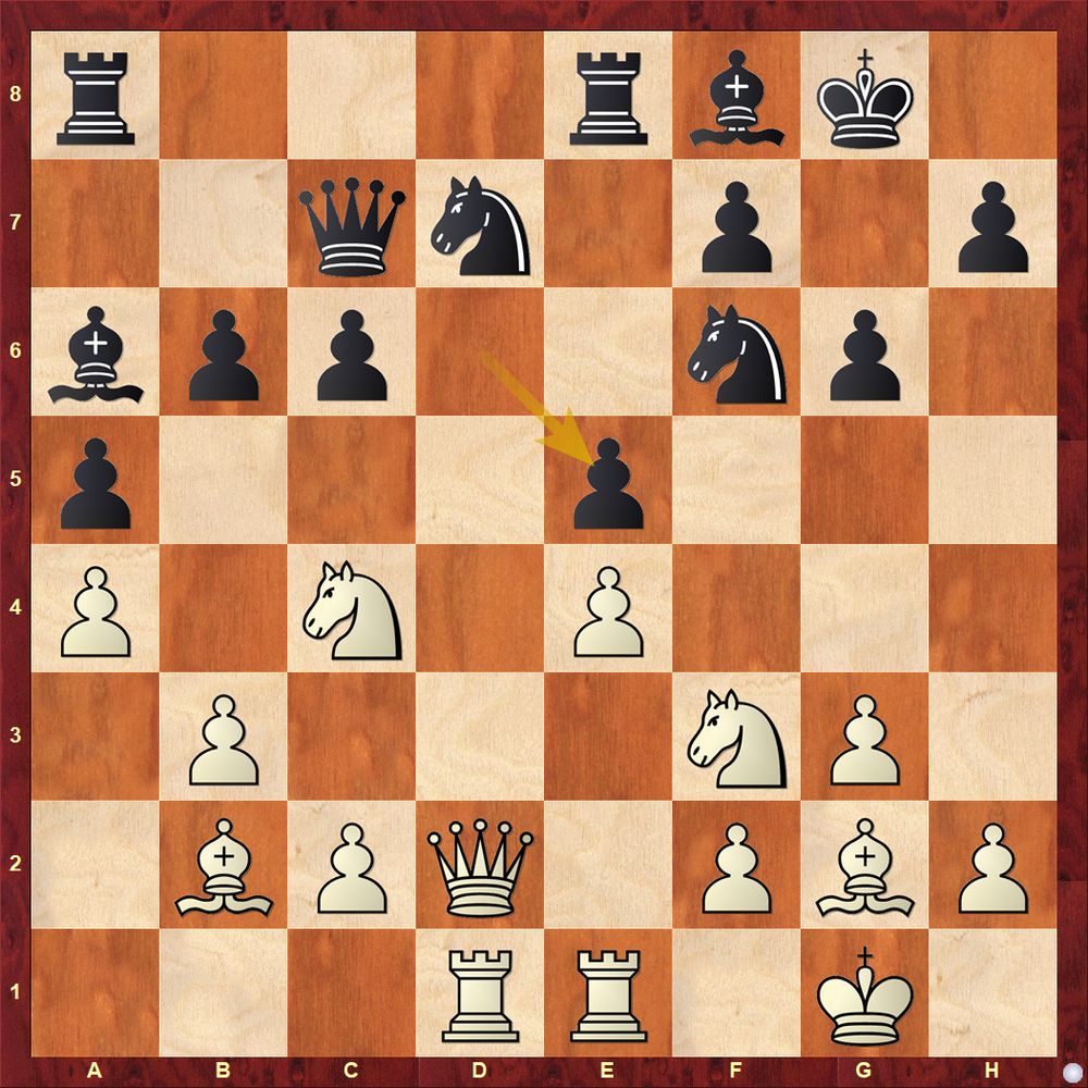 First chess diagram. FEN: r3rbk1/2qn1p1p/bpp2np1/p3p3/P1N1P3/1P3NP1/1BPQ1PBP/3RR1K1 w - - 0 16