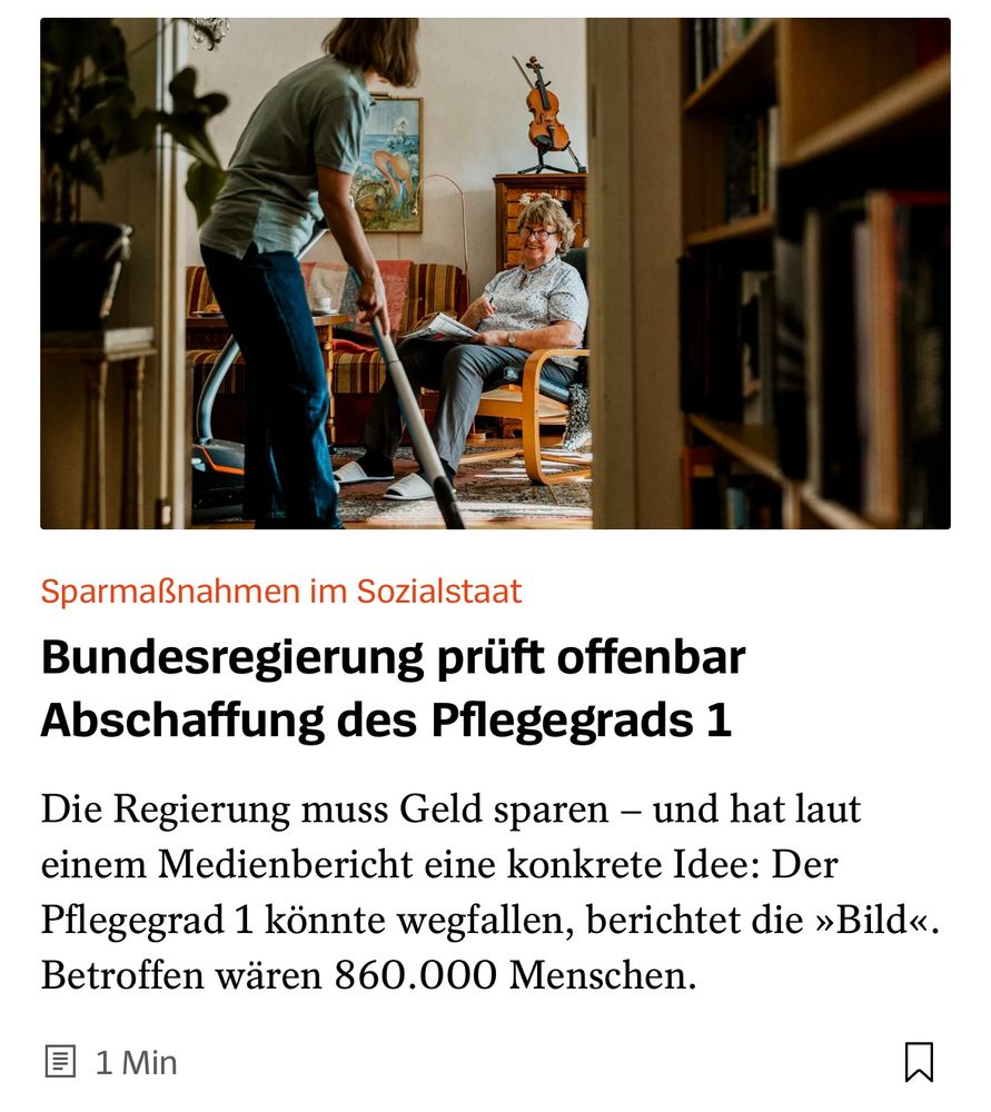 Spiegel Schlagzeile, wonach die Bundesregierung die Abschaffung der Pflegestufe 1 prüft.