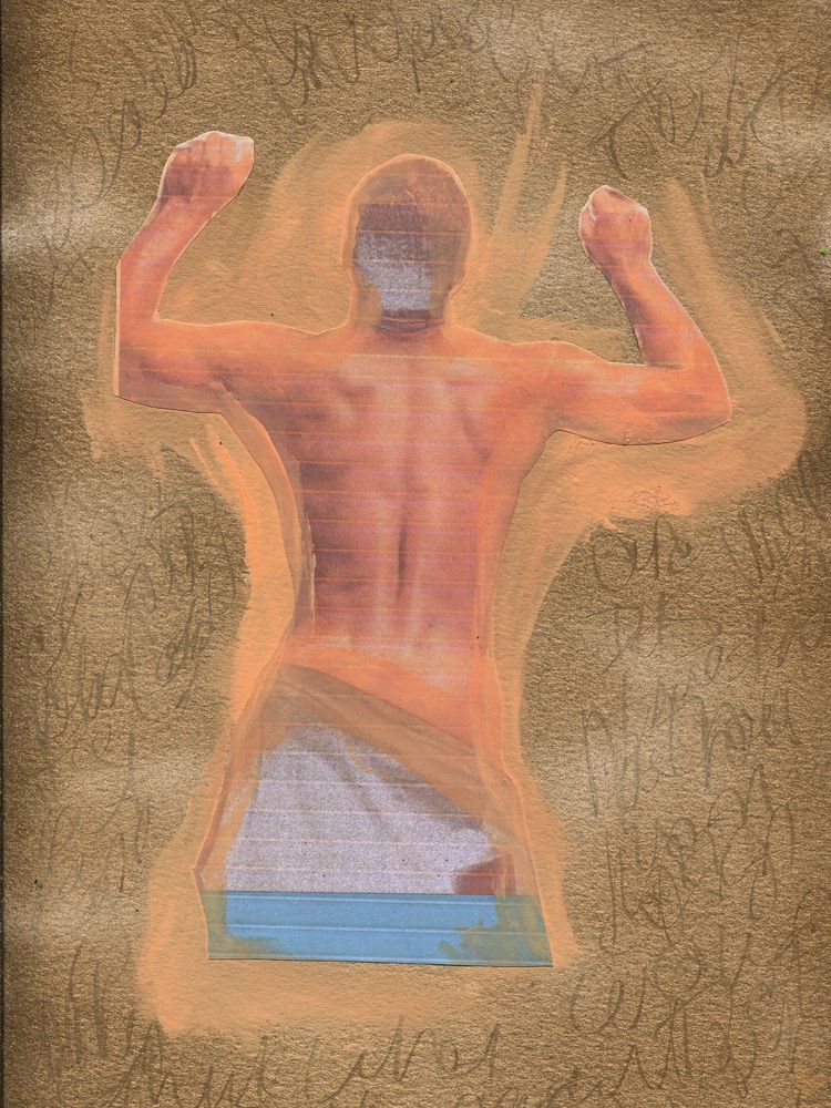 A man is clutching his fists, grabbing, his back to the audience.  The page around him is spray painted gold with illegible writing etched into the background.