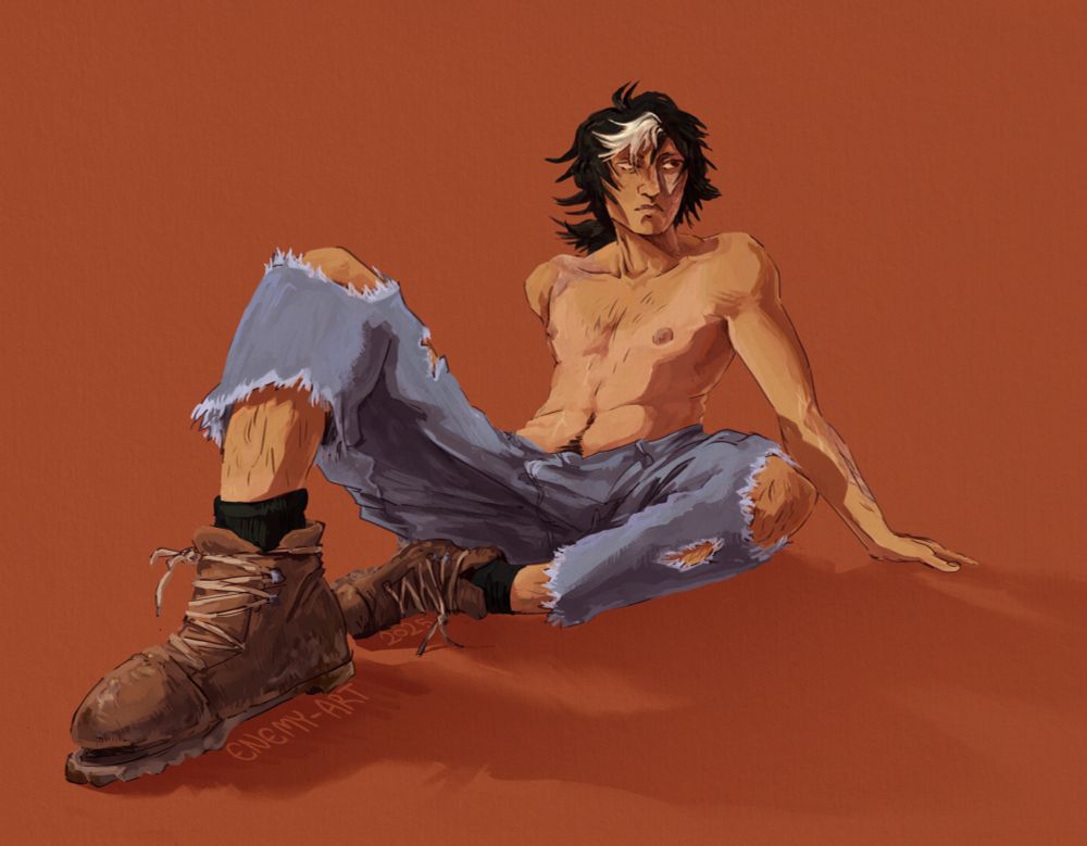 a digital illustration of my friend's original character Adalaide, a shirtless person with tanlines and black hair with a white streak wearing ripped jeans and dirty boots. they are sitting down, and there is significant foreshortening with one of the boots being in the foreground.