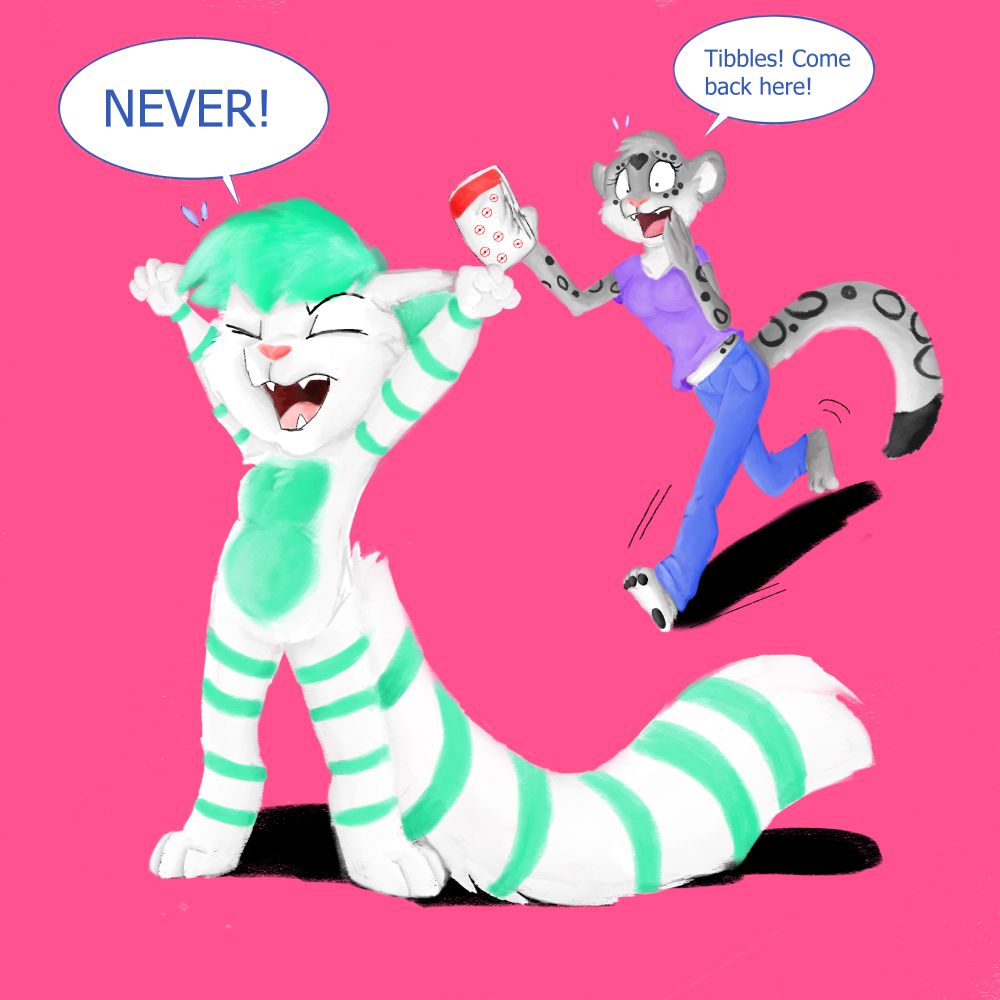 Aurora, an adult, anthropomorphic, snow leopard in blue jeans and a purple shirt is running after Tibbles with a Pokémon themed diaper in her hand. She is yelling "Tibbles! Come back here!"

Ahead of Aurora, Tibbles, a white kitten with blueish green highlights who isn't interested in letting Aurora diaper him, raises his hands in the air, and yells "NEVER!" 
