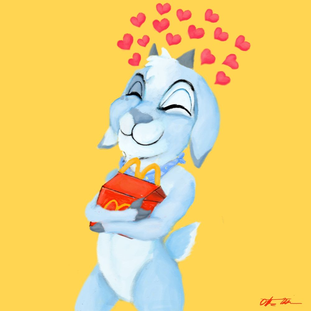 Kidd, a little blue goat, lovingly holds a McDonald's happy meal in his hands. There are many hearts floating above his head.