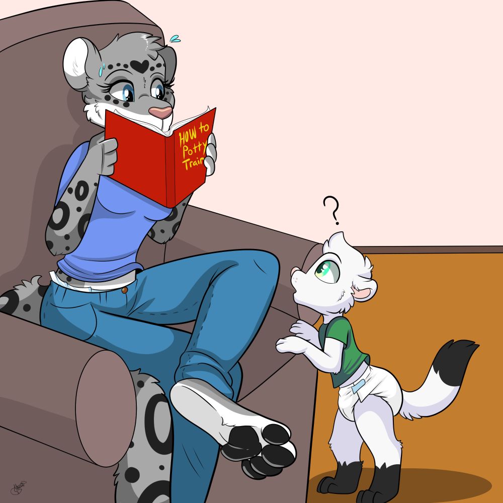 Nazz, a toddler-aged, black and white weasel, wearing a plain, white, diaper, and green, shirt, leans on the front of a chair with a question mark above his head. He is looking up at a sitting adult, female, snow leopard who is wearing a purple shirt, and blue jeans with the trim of a diaper sticking out from the top of them. She sweats a bit, sneaking a glance at the little weasel in front of her, while reading from a book with the words, "How to Potty Train," on the cover.
