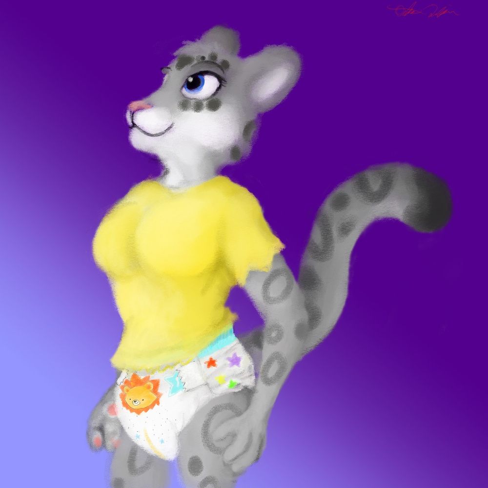 A female, anthromorphic, snow leopard, stands tall and proud in a yellow, shirt and Little kings ABU diaper.