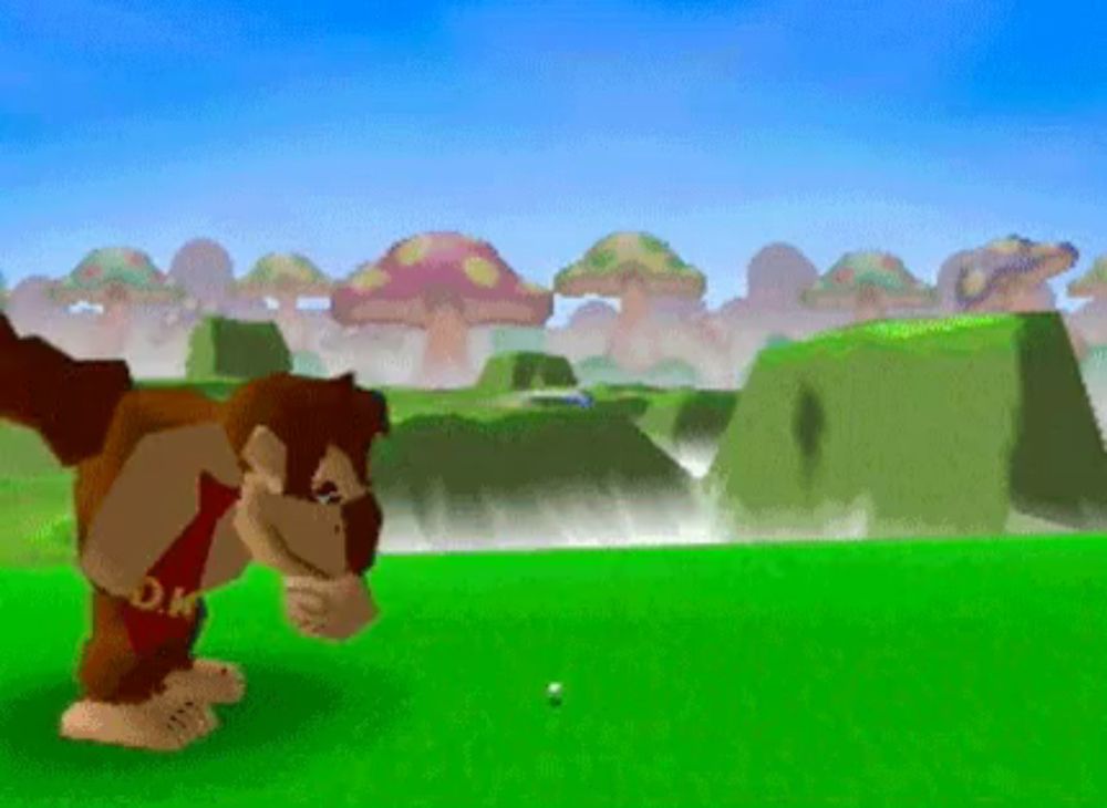 donkey kong is playing a video game with a mushroom background