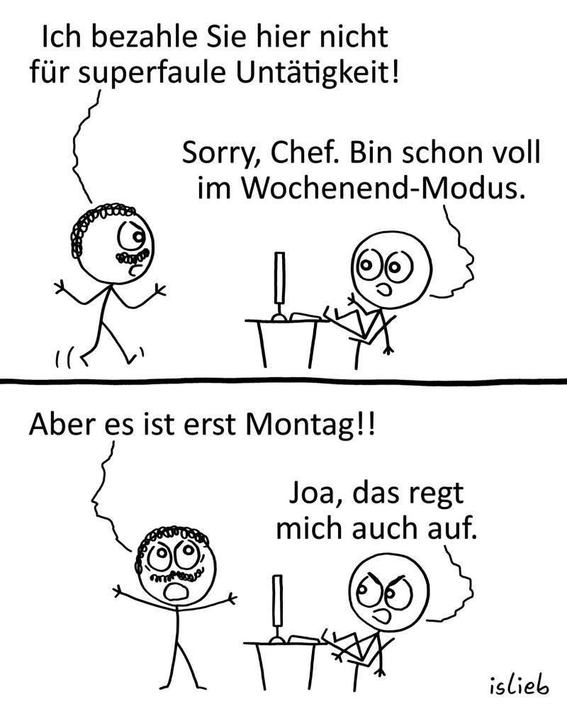 In dem Comic sind zwei Strichmännchen zu sehen: ein aufgebrachter Chef und ein entspannter Mitarbeiter.

Im ersten Bildabschnitt steht der Chef links, gestikuliert wütend und ruft:
„Ich bezahle Sie hier nicht für superfaule Untätigkeit!“
Der Mitarbeiter sitzt rechts mit zurückgelehntem Stuhl und Füßen auf dem Tisch. Er antwortet:
„Sorry, Chef. Bin schon voll im Wochenend-Modus.“

Im zweiten Bildabschnitt wiederholt sich die Szene. Der Chef ist sichtlich entsetzt und ruft:
„Aber es ist erst Montag!!“
Der Mitarbeiter bleibt entspannt sitzen und sagt:
„Joa, das regt mich auch auf.“

Im Hintergrund steht ein Schreibtisch mit Computer. Die Szene ist in Schwarz-Weiß gehalten und im Stil eines einfachen Strichmännchen-Comics gezeichnet.
