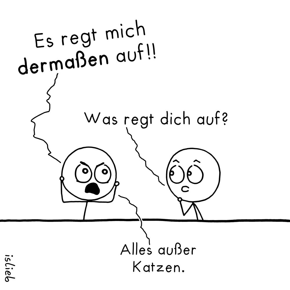 Comic. Figur 1 ruft wütend: "Es regt mich dermaßen auf!" Figur 2 fragt: "Was regt dich auf?" Darauf Figur 1: "Alles außer Katzen."