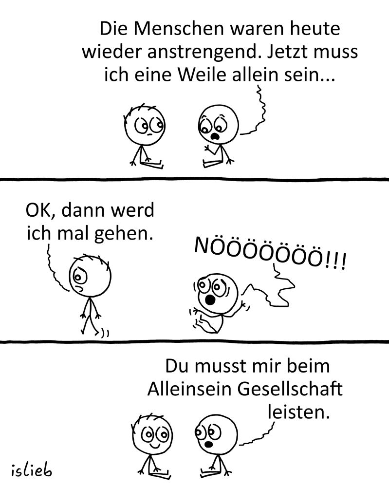 Der Comic besteht aus drei Panels mit zwei Strichfiguren.

Oberes Panel:
Eine Figur sagt: „Die Menschen waren heute wieder anstrengend. Jetzt muss ich eine Weile allein sein…“. Beide Figuren sitzen nebeneinander.

Mittleres Panel:
Die stehende Figur sagt: „OK, dann werd ich mal gehen.“ Die andere Figur ruft laut: „NÖÖÖÖÖÖÖ!!!“

Unteres Panel:
Beide sitzen wieder nebeneinander. Eine Figur sagt: „Du musst mir beim Alleinsein Gesellschaft leisten.“

Unten links steht „islieb“.