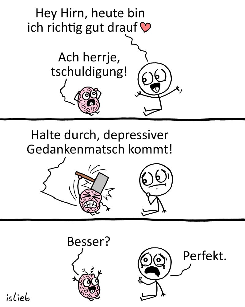 Der Comic besteht aus drei horizontalen Panels und zeigt eine Strichfigur und ein gezeichnetes Gehirn mit Gesicht.

Erstes Panel (oben):
Die Strichfigur springt fröhlich auf das Gehirn zu und ruft:
„Hey Hirn, heute bin ich richtig gut drauf ❤️“
Das Gehirn wirkt erschrocken und sagt:
„Ach herrje, tschuldigung!“

Zweites Panel (Mitte):
Das Gehirn schlägt sich selbst mit einem Hammer und ruft:
„Halte durch, depressiver Gedankenmatsch kommt!“
Die Strichfigur sitzt daneben und schaut betroffen.

Drittes Panel (unten):
Das Gehirn fragt zitternd:
„Besser?“
Die Strichfigur liegt nun mit verheultem Gesicht am Boden und antwortet:
„Perfekt.“