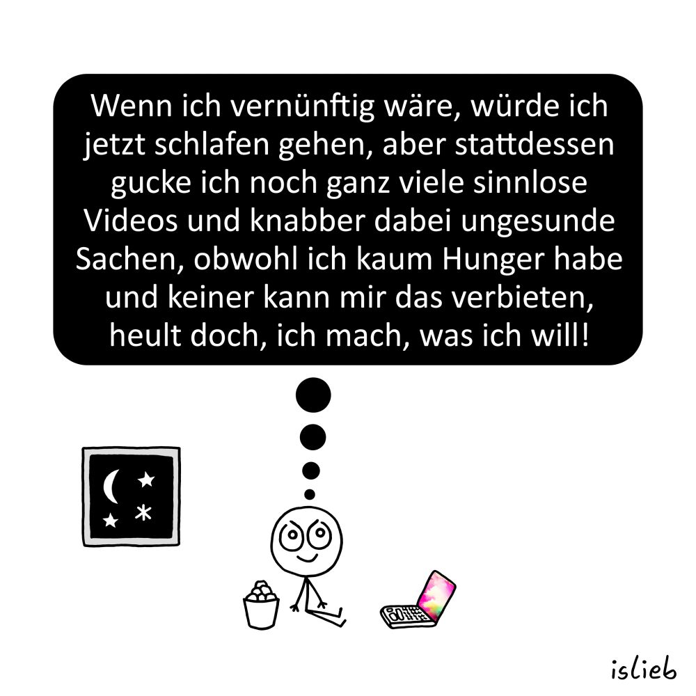 Comic. Eine Figur sitzt bei Nacht mit Laptop und Knabberzeug in ihrem Zimmer und denkt: "Wenn ich vernünftig wäre, würde ich jetzt schlafen gehen, aber stattdessen gucke ich noch ganz viele sinnlose Videos und knabber dabei ungesunde Sachen, obwohl ich kaum Hunger habe und keiner kann mir das verbieten, heult doch, ich mach, was ich will!"