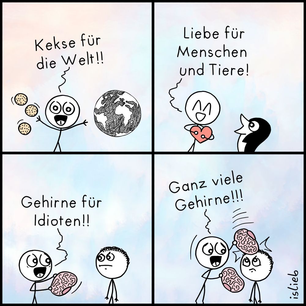 Strichfigürchen-Comic. Eine Figur steht neben einer Weltkugel, wirft ein paar Kekse und ruft: 