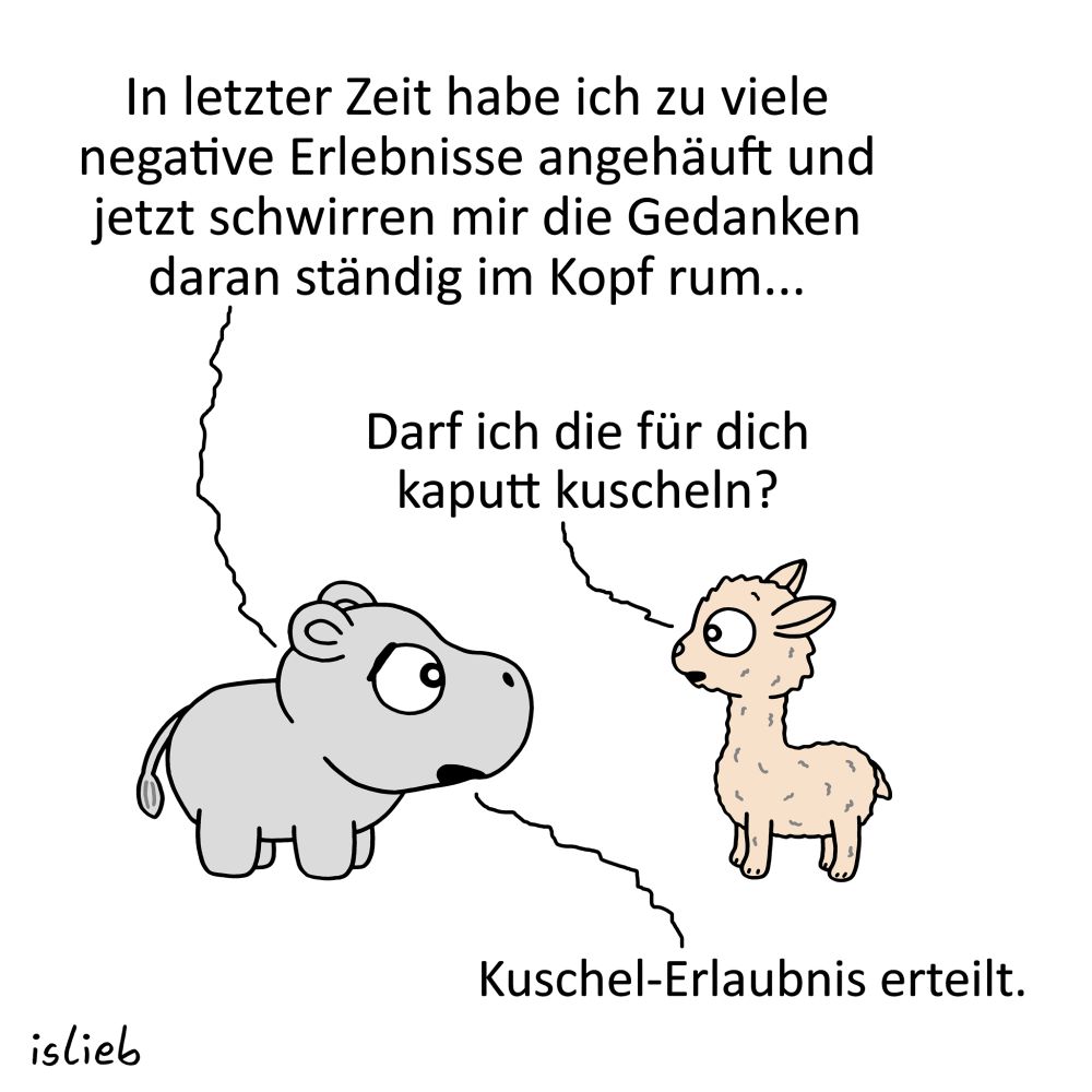 Comic. Nilpferd sagt zum Alpaka: "In letzter Zeit habe ich zu viele negative Erlebnisse angehäuft und jetzt schwirren mir die Gedanken daran ständig im Kopf rum." Alpaka fragt: "Darf ich die für dich kaputt kuscheln?" Darauf das Nilpferd: "Kuschel-Erlaubnis erteilt."