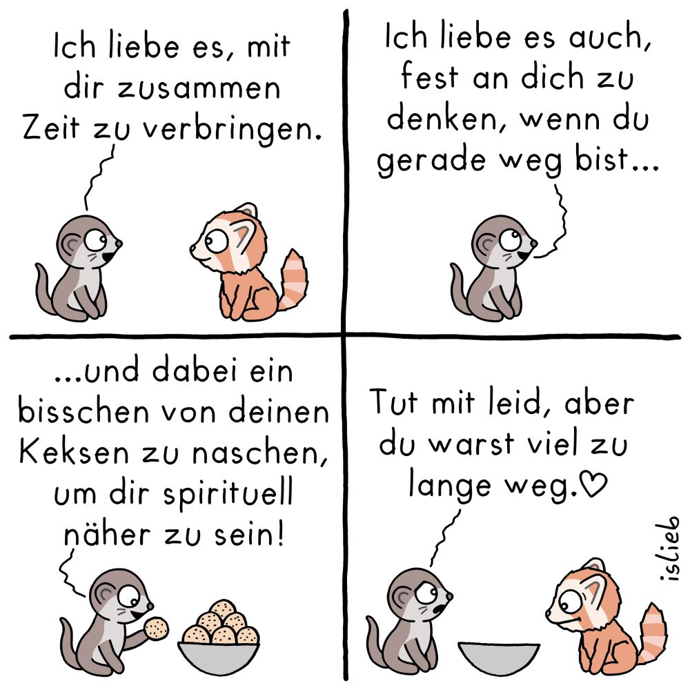 Der Comic besteht aus vier Panels und zeigt zwei gezeichnete Tiere: ein Marder (links) und einen roten Panda (rechts). Sie unterhalten sich.

Erstes Panel (oben links):
Der Marder sagt zum roten Panda:
„Ich liebe es, mit dir zusammen Zeit zu verbringen.“

Zweites Panel (oben rechts):
Der Marder schaut nach oben und sagt:
„Ich liebe es auch, fest an dich zu denken, wenn du gerade weg bist…“

Drittes Panel (unten links):
Der Marder hält einen Keks in der Hand und sitzt vor einer Schüssel voller Kekse. Er sagt:
„…und dabei ein bisschen von deinen Keksen zu naschen, um dir spirituell näher zu sein!“

Viertes Panel (unten rechts):
Die Schüssel ist jetzt leer. Der rote Panda schaut hinein, während der Marder verlegen sagt:
„Tut mit leid, aber du warst viel zu lange weg.“
Ein kleines Herz ist hinter dem letzten Satz zu sehen.

Unten rechts steht der Name „islieb“. Die Zeichnungen sind farbig vor weißem Hintergrund.