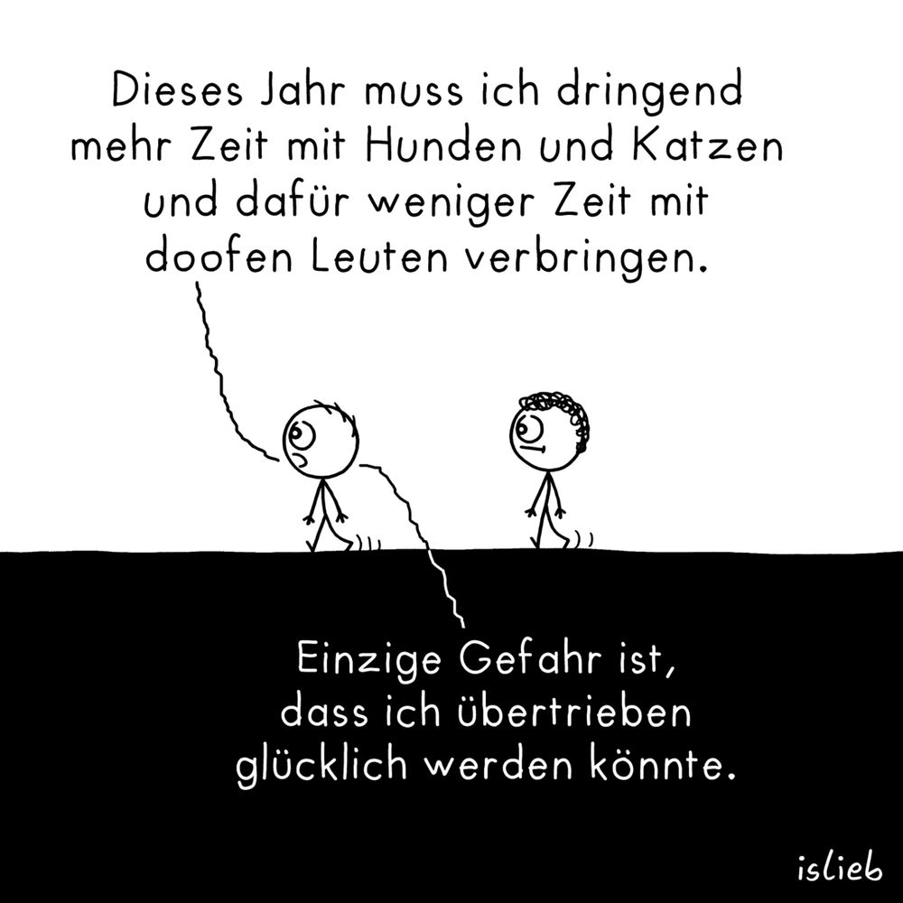Comic. Zwei Figuren laufen durch die Gegend. Figur 1 erklärt: "Dieses Jahr muss ich dringend mehr Zeit mit Hunden und Katzen und dafür weniger Zeit mit doofen Leuten verbringen. Einzige Gefahr ist, dass ich übertrieben glücklich werden könnte."