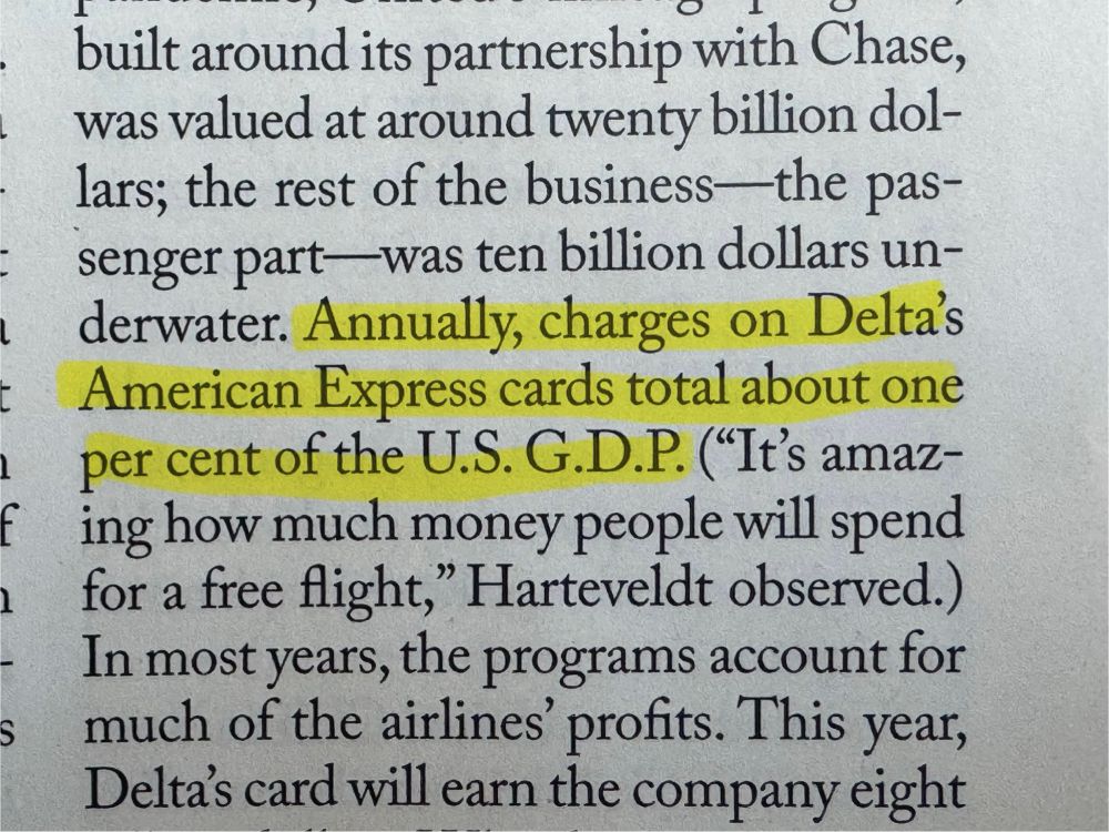A photo of an excerpt from a New Yorker article. A highlighted portion reads: “Annually, charges on Delta’s American Express cards total about one percent of the US GDP”
