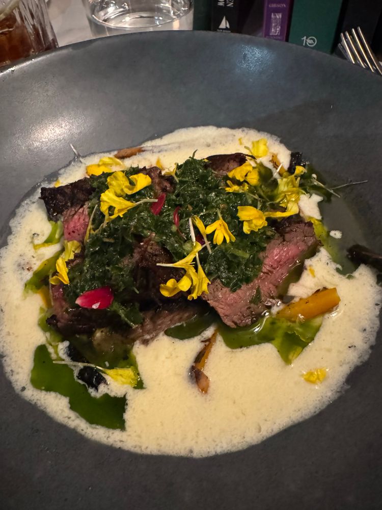 Flank steak, Gaia rub, fennel fondue, baby carrots, chimichurri