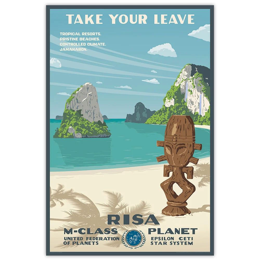 Travel poster for "Risa" from Star Trek. Line art of a tropical beach looking at clear water and granite outcroppings. In the foreground is a wooden totem known as a horga'hn (a Risian fertility symbol). The poster text reads, "Take your leave. Tropical Resorts. Pristine Beaches. Controlled Climate. Jamaharon. Risa M-Class Planet United Federation Of Planets Epsilon Ceti Star System"