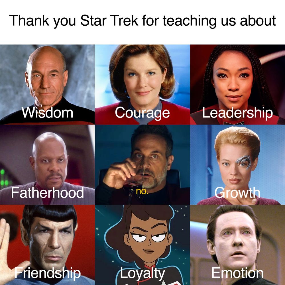 A 3x3 collage of Star Trek characters. The title text is "Thank you Star Trek for teaching us about". Each character has text with them. Picard: Wisdom. Janeway: Courage. Burnham: Leadership. Sisko: Fatherhood. Shaw: "no." (in closed caption text). Seven: Growth. Spock: Friendship. Mariner: Loyalty. Data: Emotion.