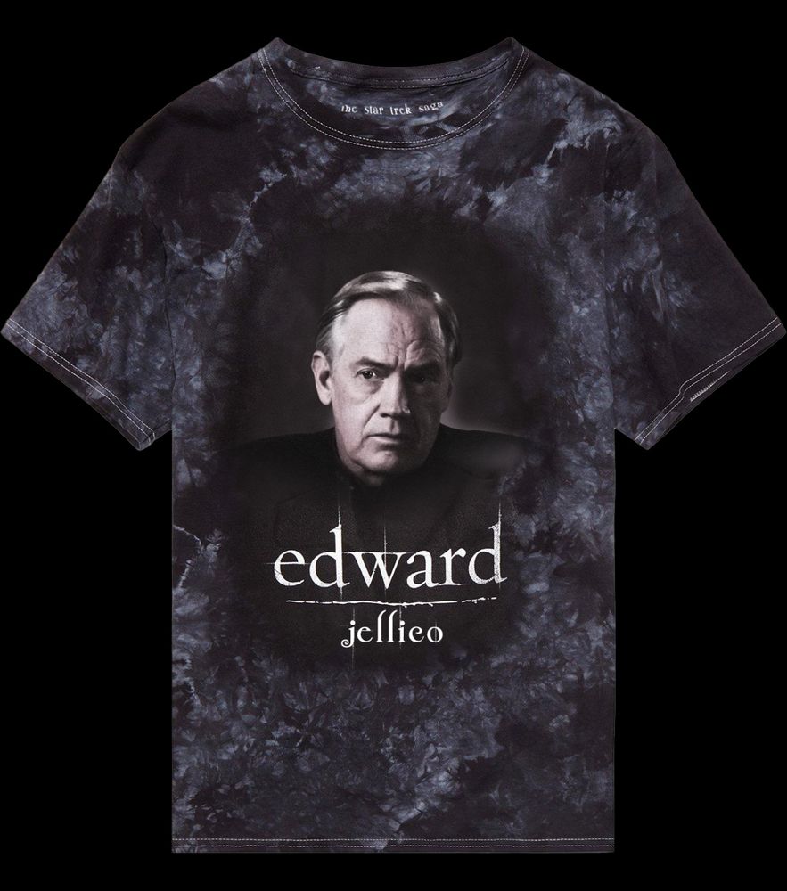An acid wash dark t-shirt features an image of Captain Edward Jellico from “Star Trek: The Next Generation”. In the font from the “Twilight” movies is the text “edward jellico”
