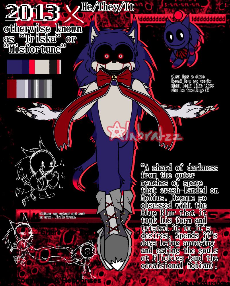 triska's reference image! triska is a dark purple-blue hedgehog with red highlights, with the "modern" mobian body type. he wears gray lace-up boots and fingerless lace-up gloves. notably, he wears a big, scarlet bow on his neck with long ribbons. his eyes have black sclera and red pupils, and (fake) blood runs down his cheeks. his teeth are black, and shown in a sinister grin.
