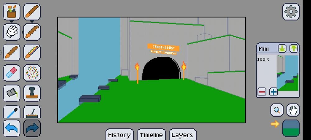 Pixel arte em desenvolvimento do jogo flee the facility que mostra  um cenário de fundo em uma visão direta ao posto de trocas.