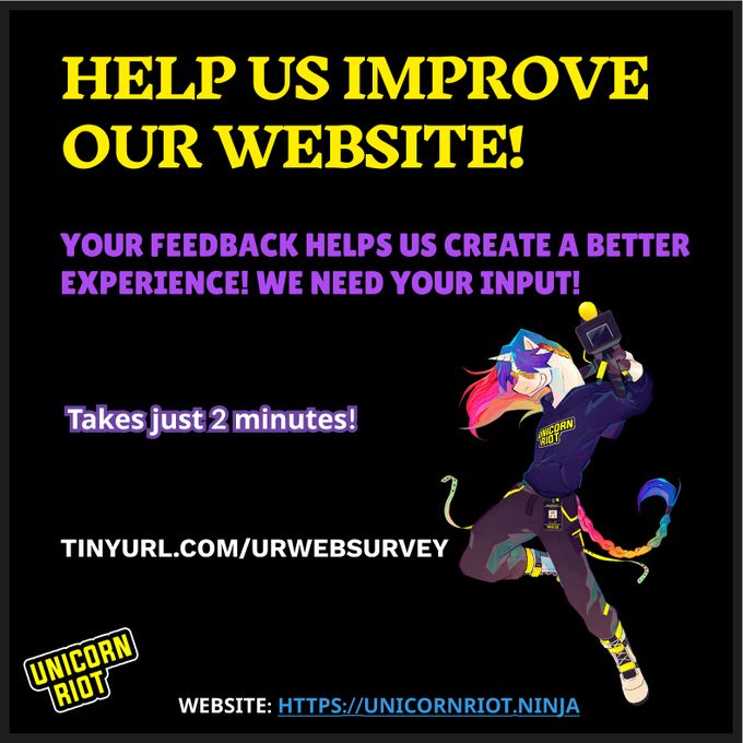 Unicorn Riot graphic for a websurvey with a Unicorn as a journalist and text -- "Help us improve our website! Your feedback helps us create a better experience! We need your input! Takes just 2 minutes! tinyurl.com/urwebsurvey - Website: https://unicornriot.ninja" Unicorn Riot logo
