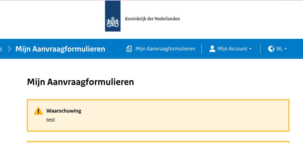 Screenshot of a Dutch government website with a warning notice box saying "test"