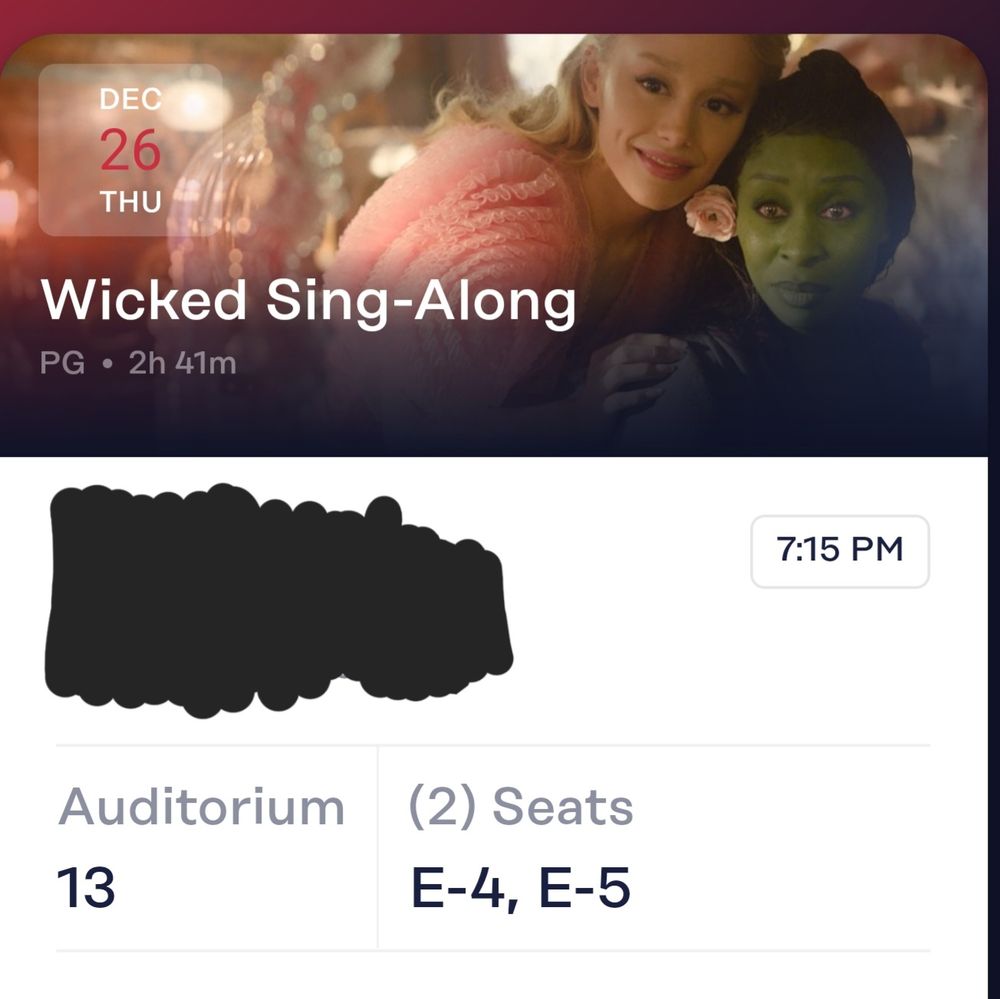 Screenshot of purchased tickets to the screening of the wicked sing along