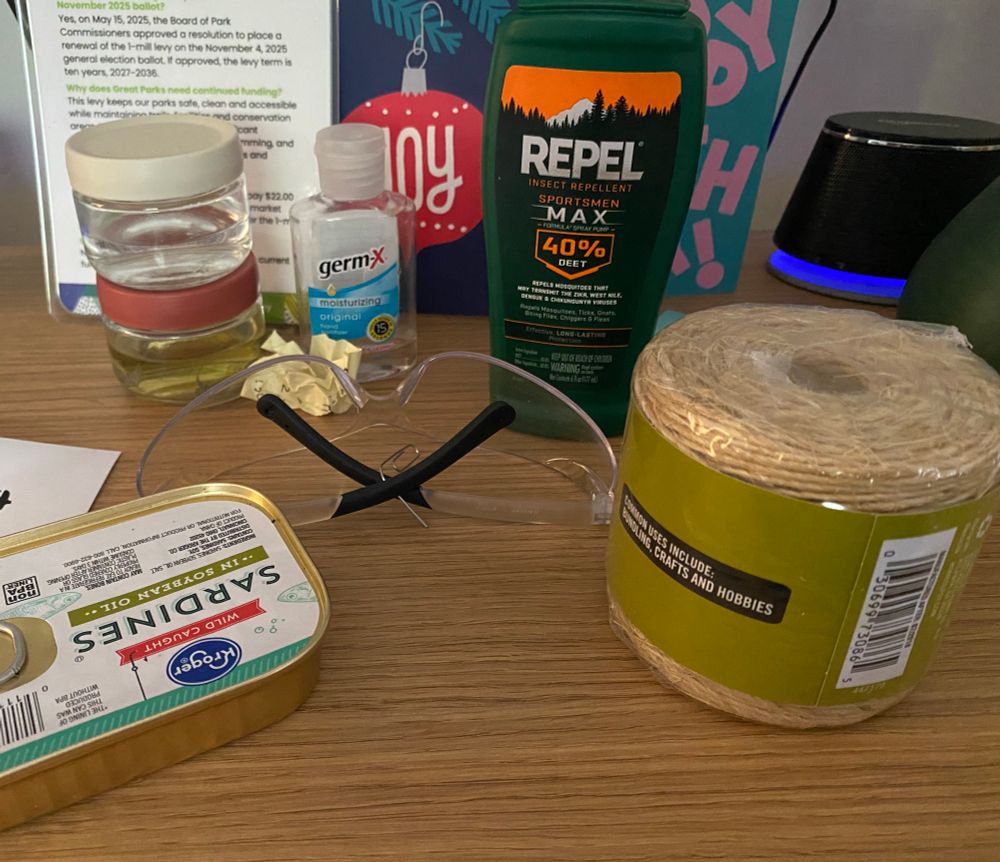 A can of sardines, preserved amphibian larvae, a Christmas card, repel insect repellent, a birthday card, safety glasses and twine on someone’s desk. 