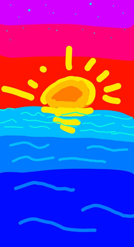 A touchscreen doodle of a sunset over some water. A few faint stars twinkle in the sky.