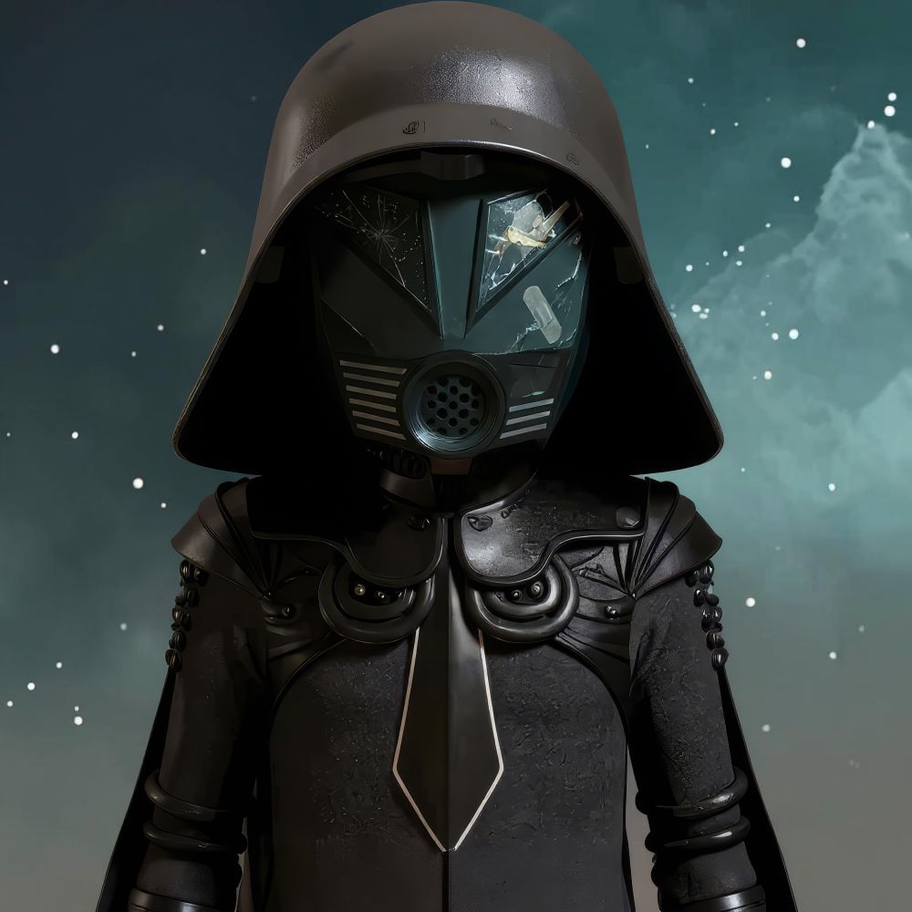 A caricature-style illustration of the character Dark Helmet from the movie Spaceballs. The figure is wearing an oversized, shiny black helmet and a futuristic black armor suit with a high collar and decorative shoulder patches. The mask completely covers the face, featuring geometric designs and a circular mouthpiece in the center. The background is a starry, space-like scene with floating white dots and a teal-colored fog, giving the image a sci-fi atmosphere.