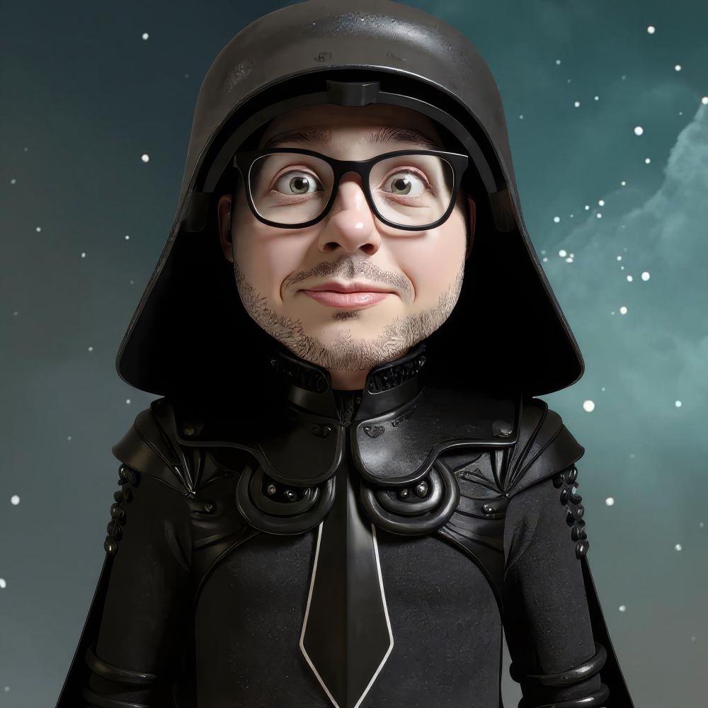 A humorous caricature showing a person dressed as Dark Helmet from the movie Spaceballs. The character still wears the iconic large black helmet and black futuristic armor, but instead of a mask, the person's own face is visible, wearing large glasses and sporting a light beard. The person's expression is playful and slightly surprised, giving a comic twist to the intimidating villain. The background is a starry night sky with a misty, teal hue, reminiscent of outer space.