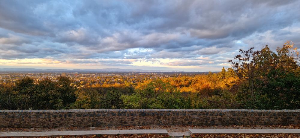 Blickrichtung Taunus, der Turm auf dem Feldberg ist gut zu erkennen. Die einfallende Sonne lässt die Herbstfarben leuchten.