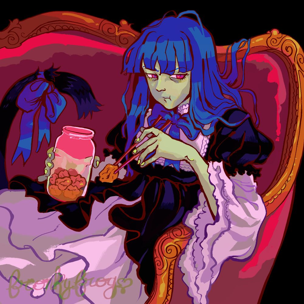 a drawing of Bernkastel from Umineko. she is slouching in an ornate, kind of rococo-esque red-and-gilded sofa, eating pickled plums out of a jar with chopsticks. she is glaring off to the side as she chews on one. her complexion is greenish and corpse-like, and her hair is stringy and messy, partly draped over the back of the sofa.