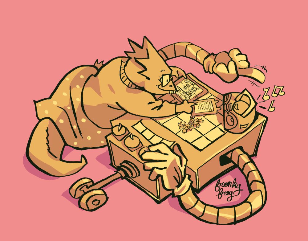a drawing of alphys and mettaton from undertale. they are both hanging out on the floor... just chilling. alphys is using mettaton's face as a table, playing a trashy gacha visual novel strategy game on her tablet, and cross-referencing optimal girl strats on her phone. the girl in the game is saying, "Feed me oats or I'm really gonna do it." Alphys seems not to care, smiling idly. Mettaton is cheerfully listening and tapping his finger along to some music, which is playing out of the mini boombox on his face. 