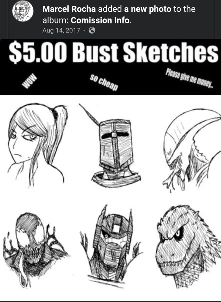 A picture showing an old commission sheet for Rocha's art from 2017. The prices say $5.00 for a bust sketch and feature a variety of characters.