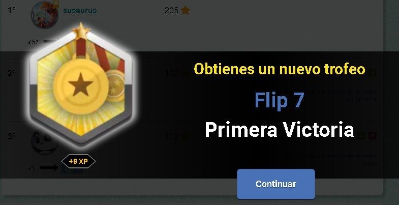 Trofeo desbloqueado en la plataforma de juegos BoardGameArena. Muestra una medalla dorada con una estrella en el centro y cintas rojas. El texto dice:
"Obtienes un nuevo trofeo – Flip 7 – Primera Victoria", junto con una recompensa de +8 XP.
