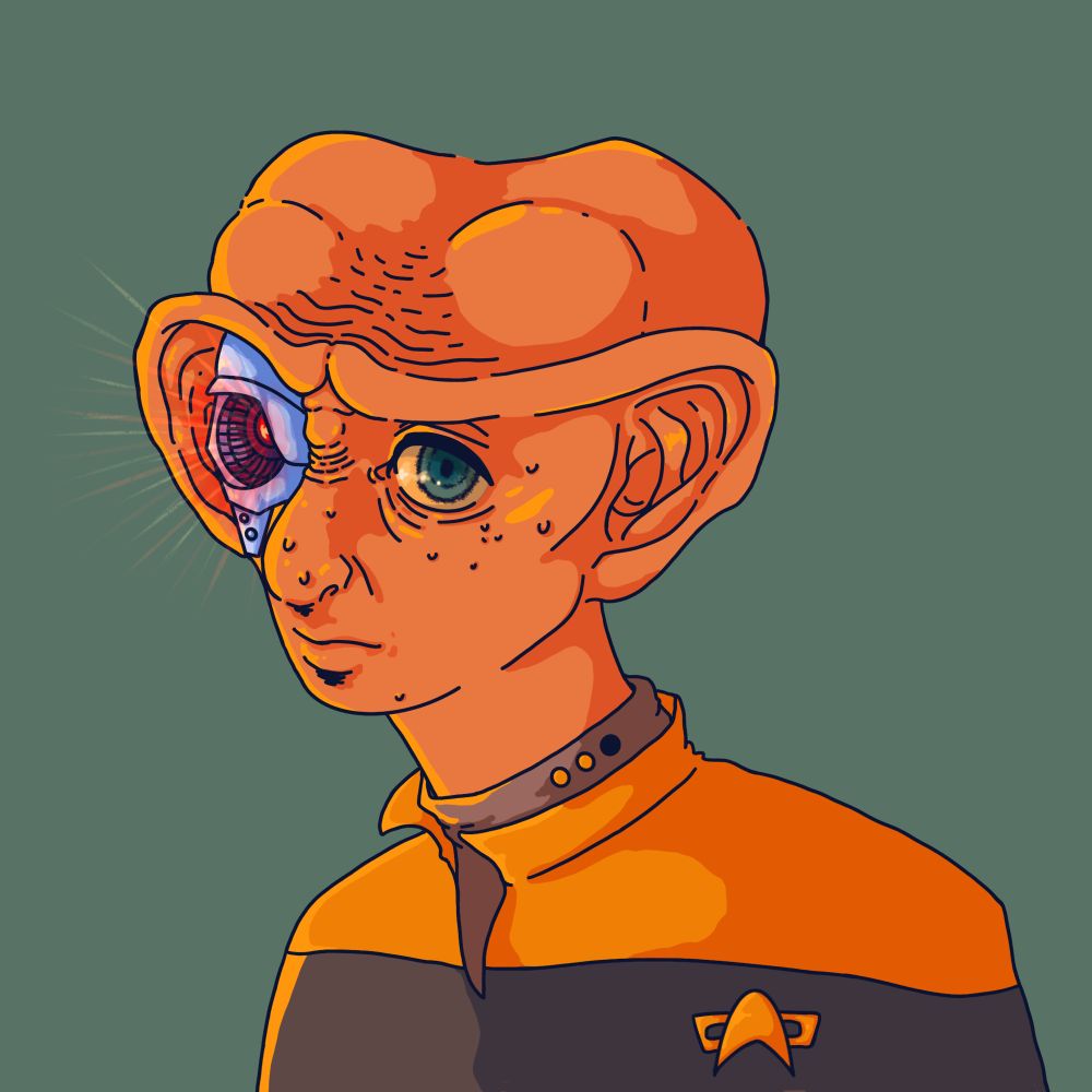 Ferengi character from Star Trek in a yellow uniform with a cybernetic eye 