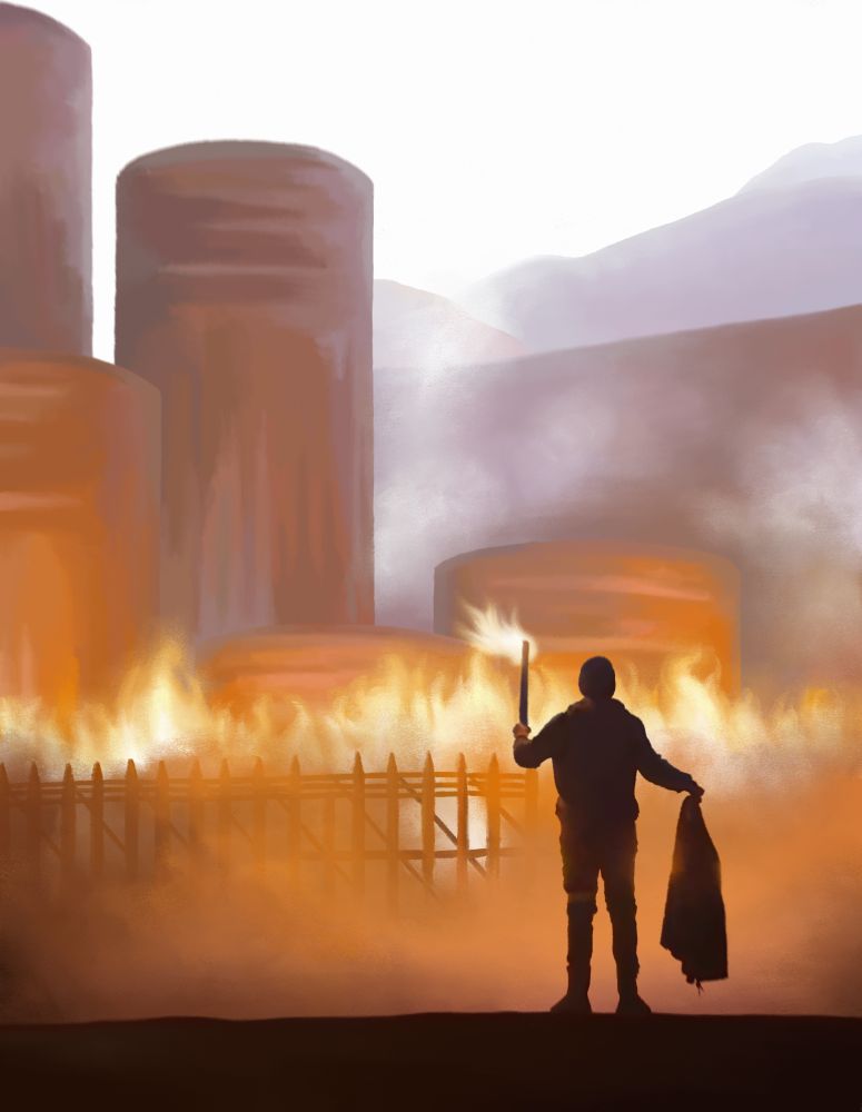 a digital painting of josh dun as the torchbearer watching dema burn. he is holding clancy's jacket