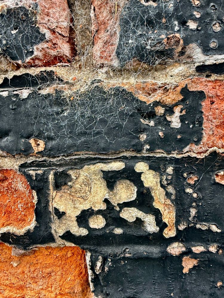 Photo of an quite old brick wall with plenty of spider webs