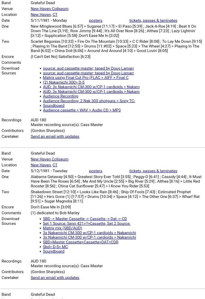 Setlists of 2 Grateful Dead shows from 5/11 & 5/12/81