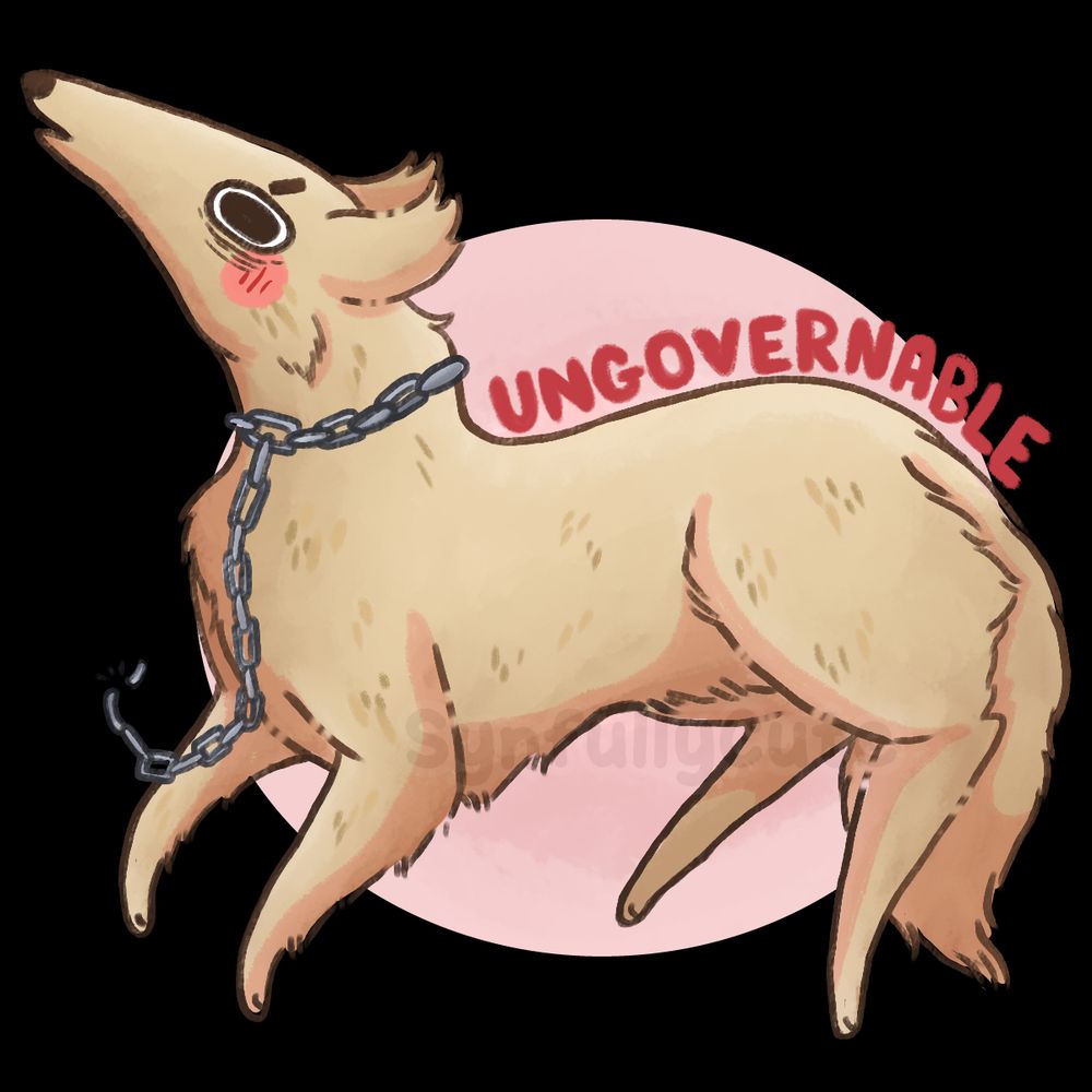 A cream-colored borzoi that looks tired and angry leaping in the air with a broken chain around its neck. Along its back is the text "Ungovernable"