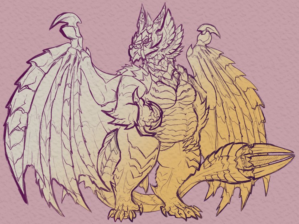 A picture of a anthropomorphic Primordial Malzeno, with bearded vulture traits. She is gesturing towards the viewer, beckoning. Her right wing is open, as if inviting.