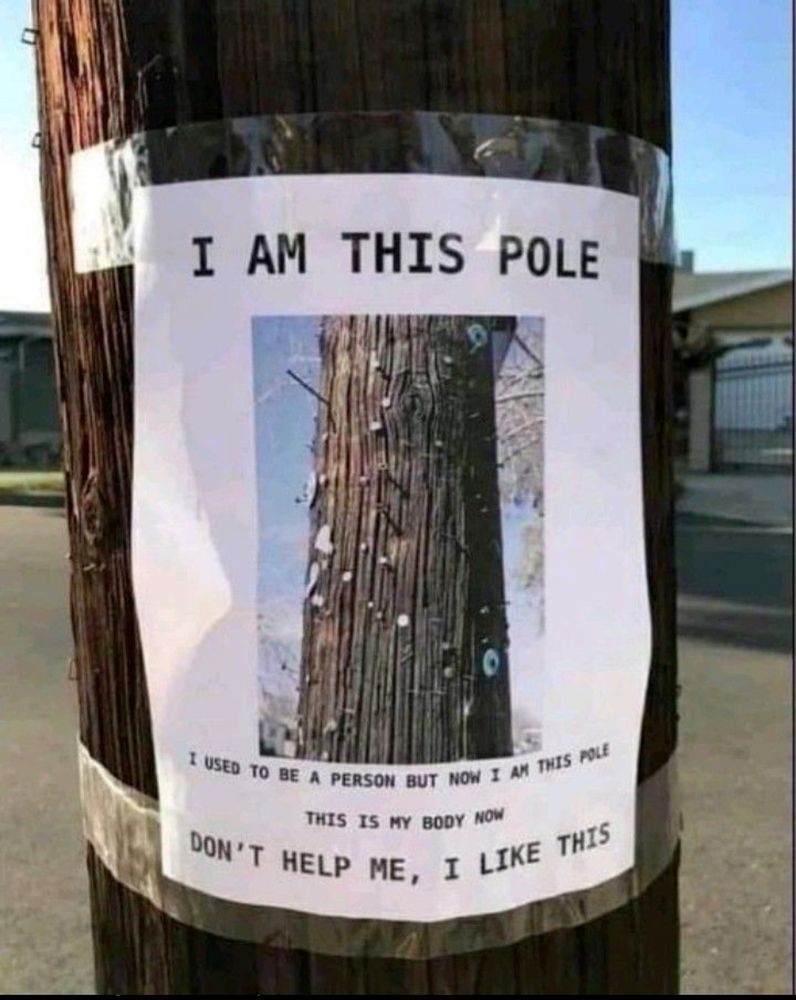 A picture of a pole stapled to a pole that says “I AM THIS POLE
I USED TO BE A PERSON BUT NOW I AN THIS POLE
THIS IS MY BODY NOW
DONT HELP ME, I LIKE THIS
